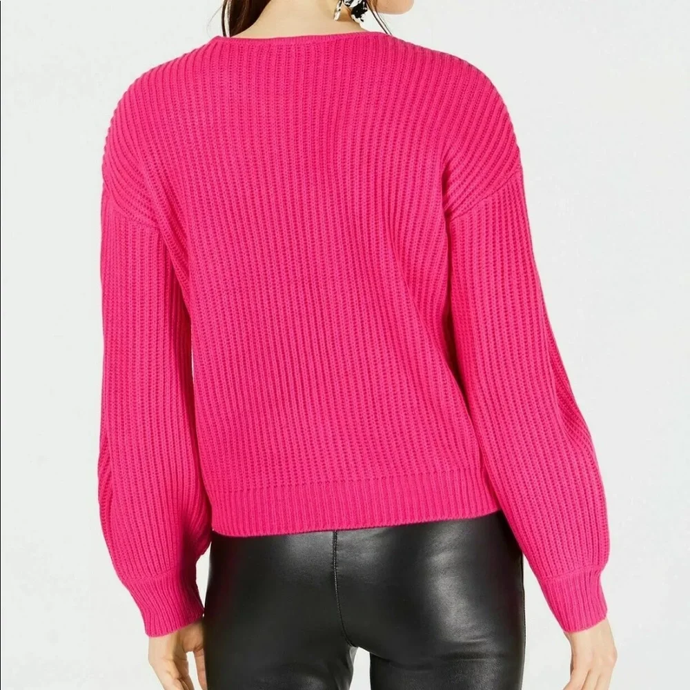 🔥BAR III🔥BALLOON-SLEEVE CUTOUT KNIT SWEATER PINK BON BON MEDIUM NWT - Picture 2 of 5